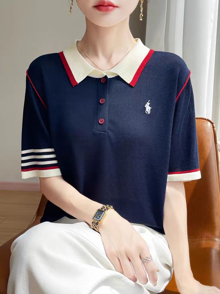 新款POLO领莱赛尔针织短袖女夏季刺绣撞色翻领短袖针织衫,针织衫/毛衣,源达羊绒