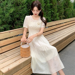3色可选新款短袖显瘦花色仙女大摆长裙图片