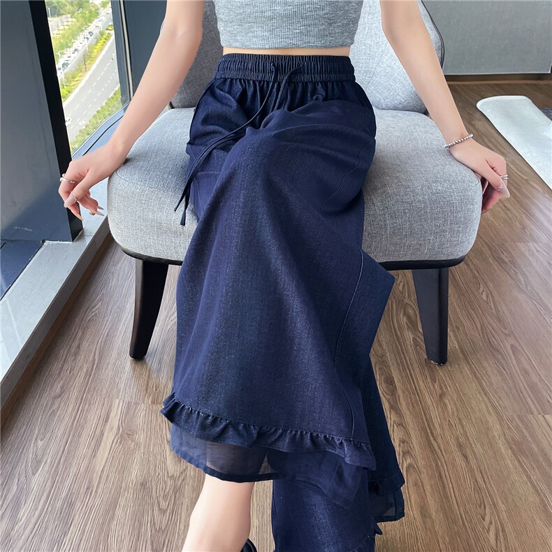 天丝牛仔裤女夏季薄款新款高腰垂感小个子花苞蕾丝阔腿裤女,女装休闲裤,梦白服饰厂