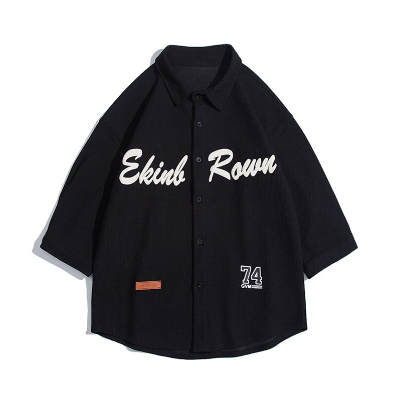 1白底华夫格大码M-5XL日系潮流情侣七分袖衬衫男QCS7010P45控59，男装衬衫，星座226-2