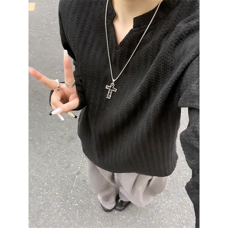 美式高街千鸟格子长袖T恤男女亨利V领英伦雅痞休闲宽松长袖打底衫,男装T恤,电商A486