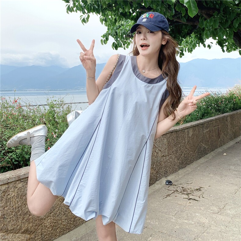 【现货】2026夏季蓝色减龄无袖撞色显瘦花苞连衣裙P135-K200图片