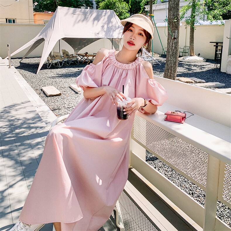 纯色甜美露肩连衣裙女夏季2025新款设计感法式宽松泡泡袖长款裙子,女装连衣裙,2C110