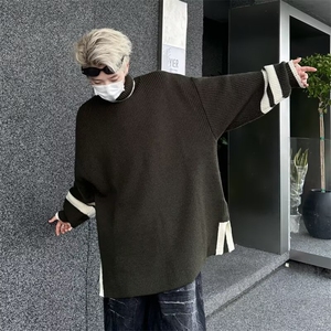 日系秋冬高领毛衣男开衩复古宽松加厚保暖拼色针织衫图片