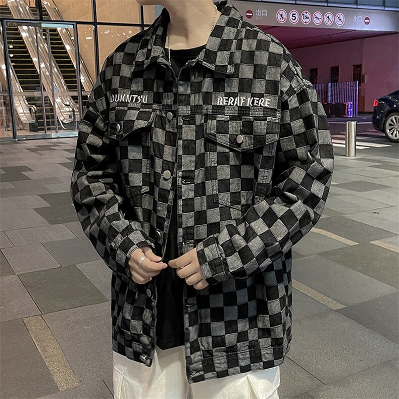 2025秋季情侣百搭牛仔夹克男士棋盘格大码宽松外套JK817-P65图片