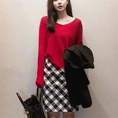 简约长袖针织衫女士宽松百搭显瘦精纺V领长袖针织衫，女装针织衫/毛衣，唯若美羊绒