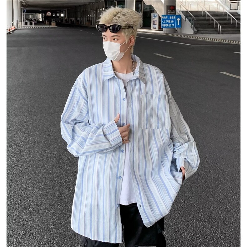 日系复古设计感条纹长袖衬衫男女春秋小众港风休闲衬衣潮C152/P40,男装衬衫,星座506