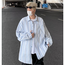 日系复古设计感条纹长袖衬衫男女春秋小众港风休闲衬衣潮C152/P40，男装衬衫，星座506