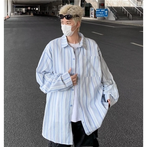 日系复古设计感条纹长袖衬衫男女春秋小众港风休闲衬衣潮C152/P40图片