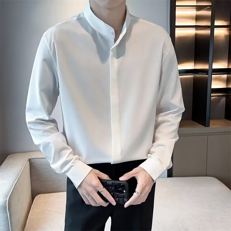 GS303P45新中式立领暗扣长袖衬衫日系韩版轻奢商务长袖衬衣外套,男装衬衫,星座1108-5