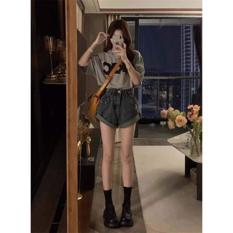 美式复古蓝牛仔短裤2025新款夏季薄款宽松显瘦小个子阔腿热裤，女装牛仔裤，星座506A