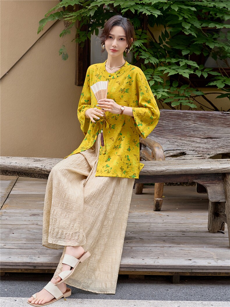 新中式印花宽松喇叭袖小衫配裙裤时尚气质两件套女,女装套装/套裙,水衣源