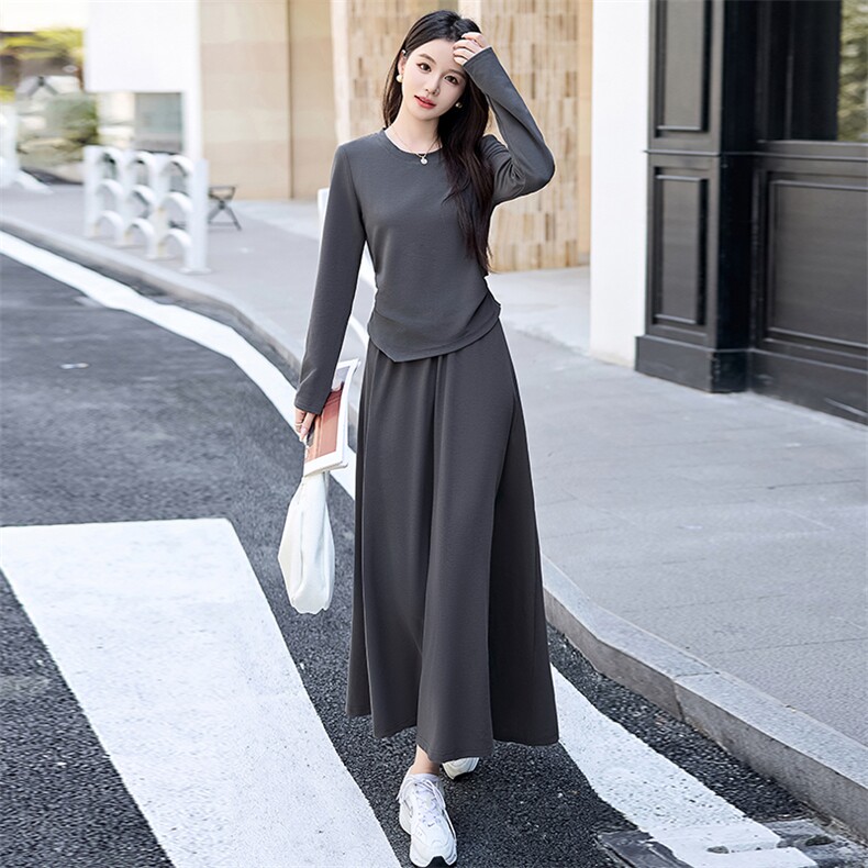 高级感灰色套装裙女2025春新款修身显瘦气质长袖T恤半身裙两件套,女装套装/套裙,盈茜