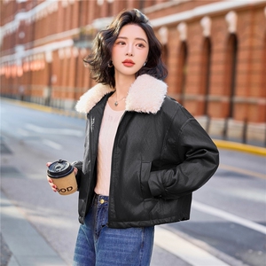 现货BAO款皮棉服女2025冬季新款保暖毛领羽绒棉PU皮衣短外套上衣图片