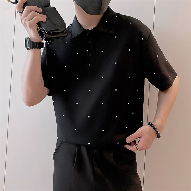 8953/P65控95夏季社会小伙轻奢Polo衫满天星烫钻翻领短袖男黑首1,男装T恤,星座305B