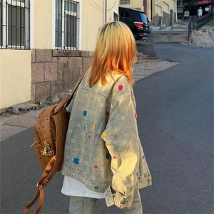 时尚美式街头黄泥水洗做旧复古牛仔衣男女宽松潮牌夹克外套JK897