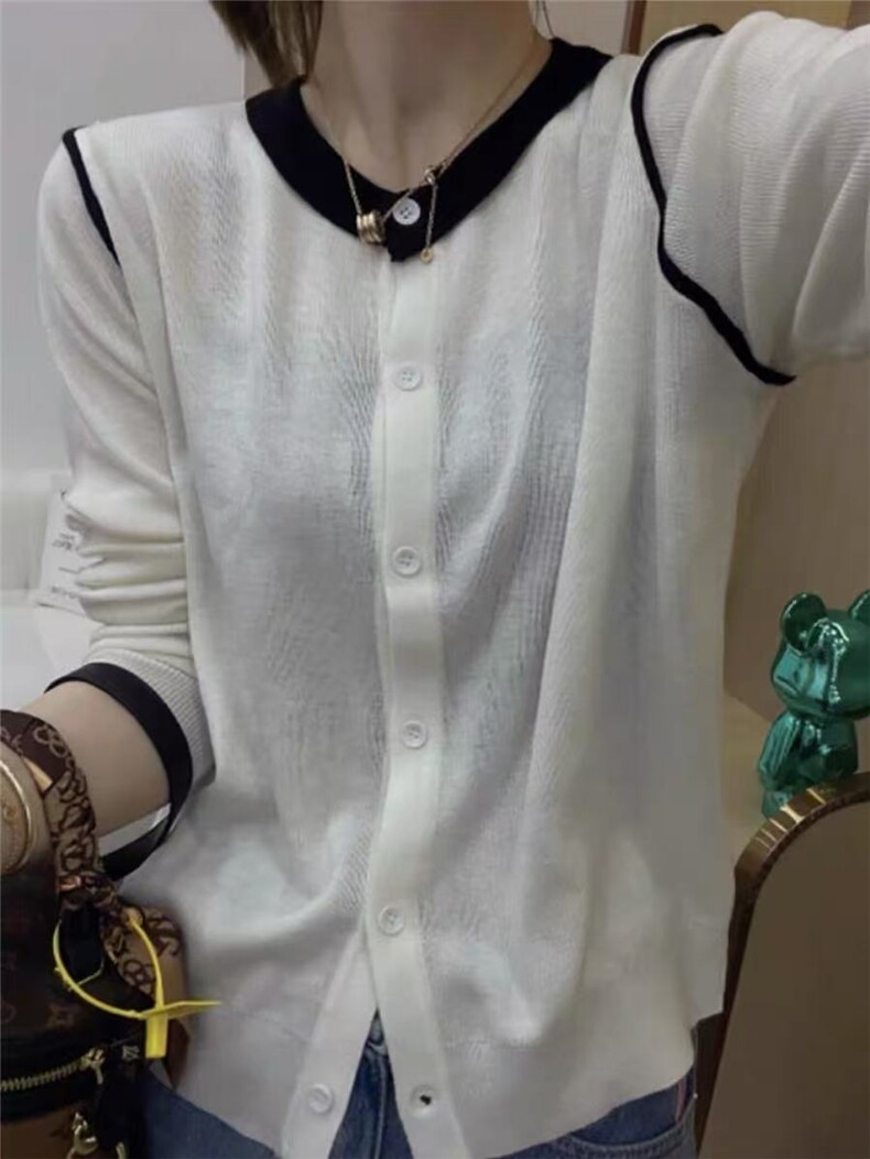 春季新款简约百搭时尚拼色针织开衫长袖，女装针织衫/毛衣，百纯羊绒