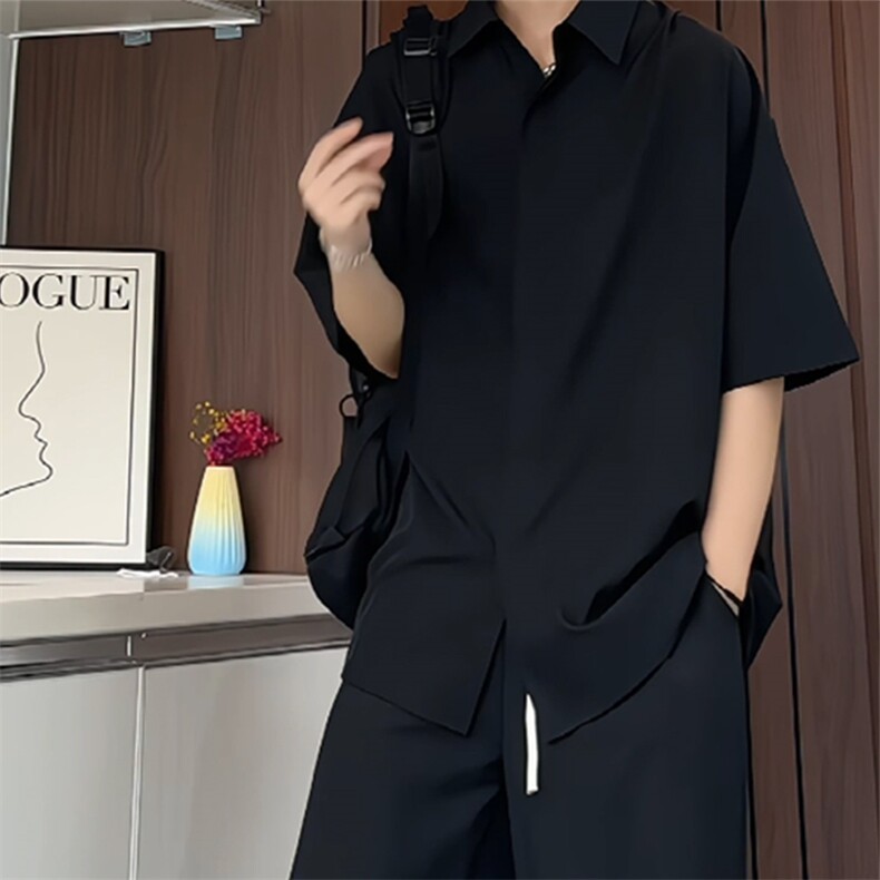 wassuphappy冰丝短袖衬衫男夏季薄款潮牌休闲外套宽松透气衬衣服，男装T恤，电商基地A050