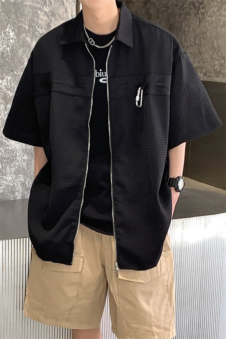港风华夫格短袖衬衫男大码金属纽扣装饰短袖衬衣DCS8769P45控68,男装衬衫,星座226-1