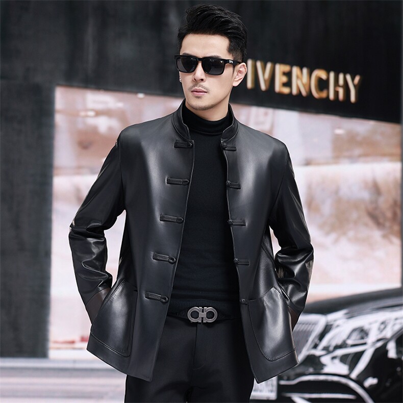 春秋款男士皮衣绵羊皮唐装中老年男装爸爸装商务外套，男装皮衣，电商B360