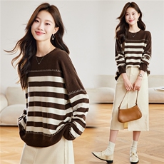 2025秋冬新款100%羊毛条纹拼色针织衫女宽松圆领套头毛衣慵懒风，女装羊毛衫，艾米