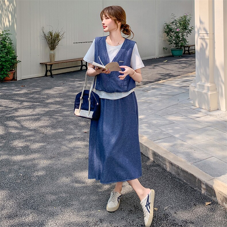 韩版轻熟风设计感套装女2025夏新款休闲显瘦牛仔马甲半身裙两件套，女装套装/套裙，秋水欣儿