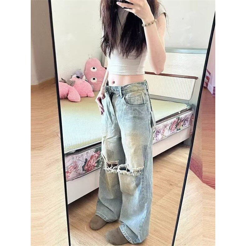 破洞牛仔裤2025新款春夏款美式复古水洗做旧直筒阔腿宽松脏脏裤,男装牛仔裤,星座601-1