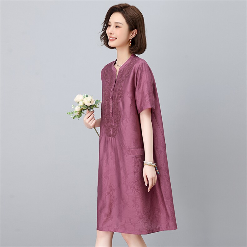 时尚中年妈妈休闲直筒莱赛尔天丝连衣裙女2025夏季新款大码衬衫裙,女装连衣裙,独衣靓