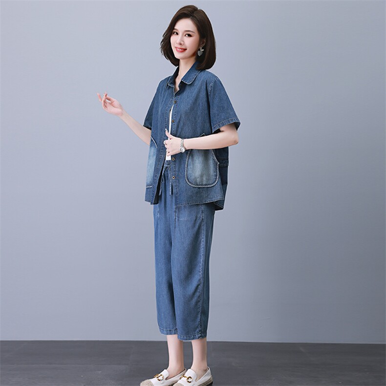 2023夏季新款时尚气质翻领显瘦休闲舒适牛仔两件套,女装套装/套裙,独衣靓