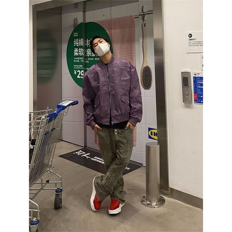 小众高级感美式街头复古拉链口袋麂皮夹克男女同款外套FJK223,男装夹克,星座208-5