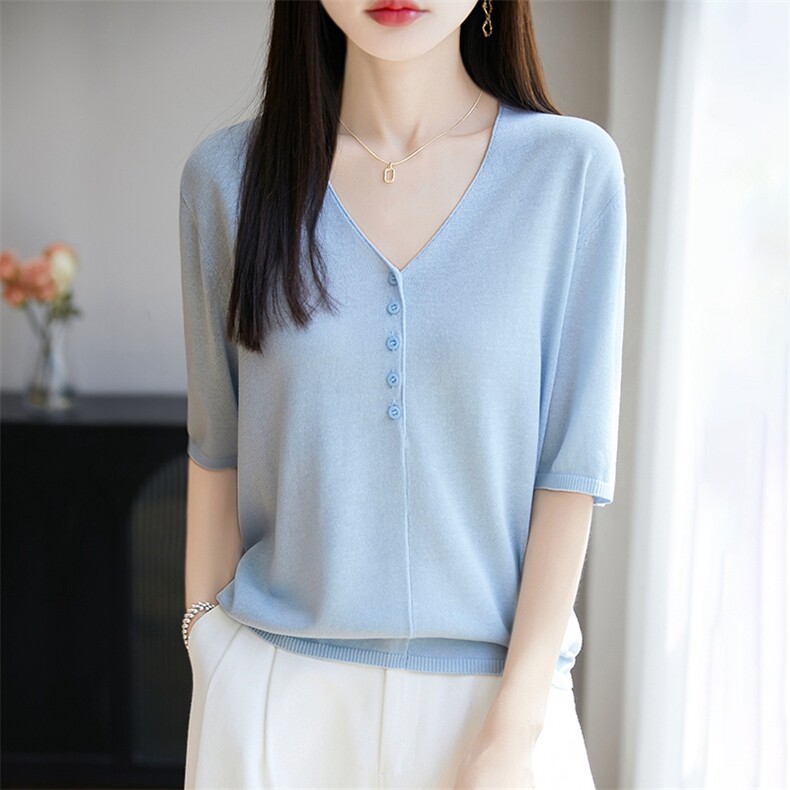2025新款夏季V领短袖T恤桑蚕丝五粒扣气质女宽松显瘦薄款上衣,女装T恤,暖烁羊绒