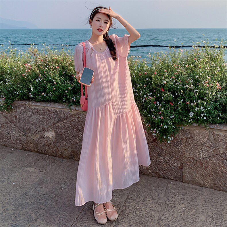 别致独特粉色雪纺连衣裙女夏2025新款甜美温柔风仙女宽松鱼尾长裙,女装连衣裙,2D078