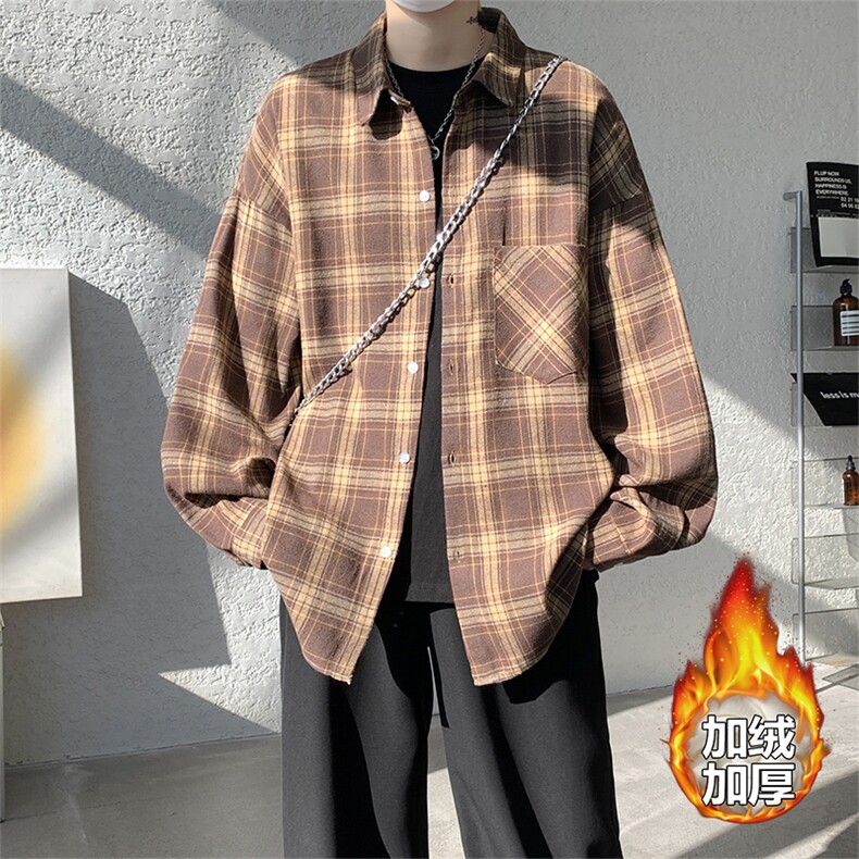加绒衬衫男冬季新款港风宽松加厚磨毛格子长袖衬衣JR01-特P35，男装衬衫，星座214-3
