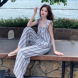 少女风休闲条纹上衣阔腿裤套装女夏2025新款爆款高级感绝美两件套图片