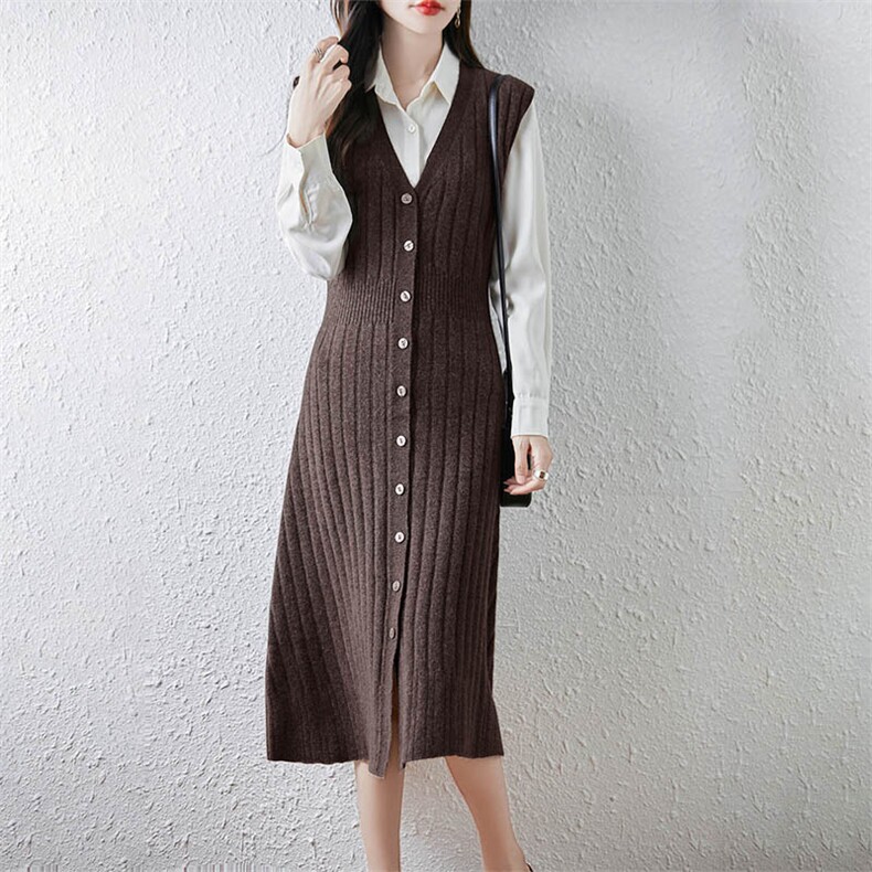 秋冬新100%羊毛V领吊带针织马甲裙中长款时尚休闲无袖系扣毛衣，女装针织衫/毛衣，暖绒情旗舰店