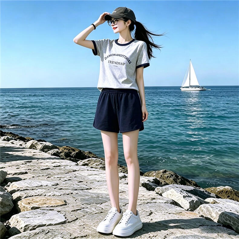 休闲时尚运动套装女夏新款圆领字母印花短袖上衣蓝色短裤两件套潮图片