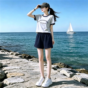休闲时尚运动套装女夏新款圆领字母印花短袖上衣蓝色短裤两件套潮图片