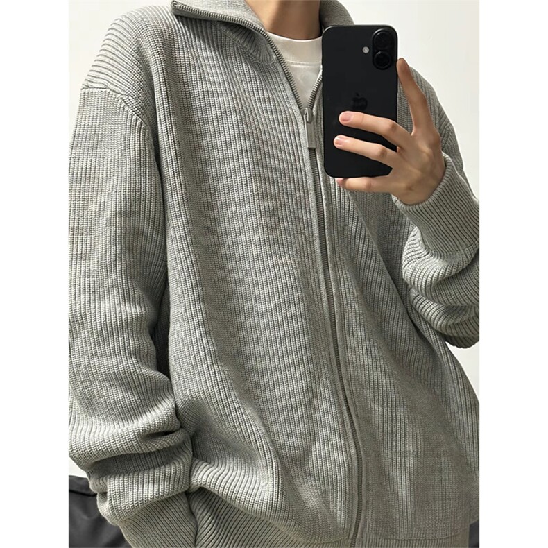 抖音得物保暖立领拉链针织外套秋冬宽松慵懒风纯色毛衣上衣AM02,男装针织衫/毛衣,电商A443