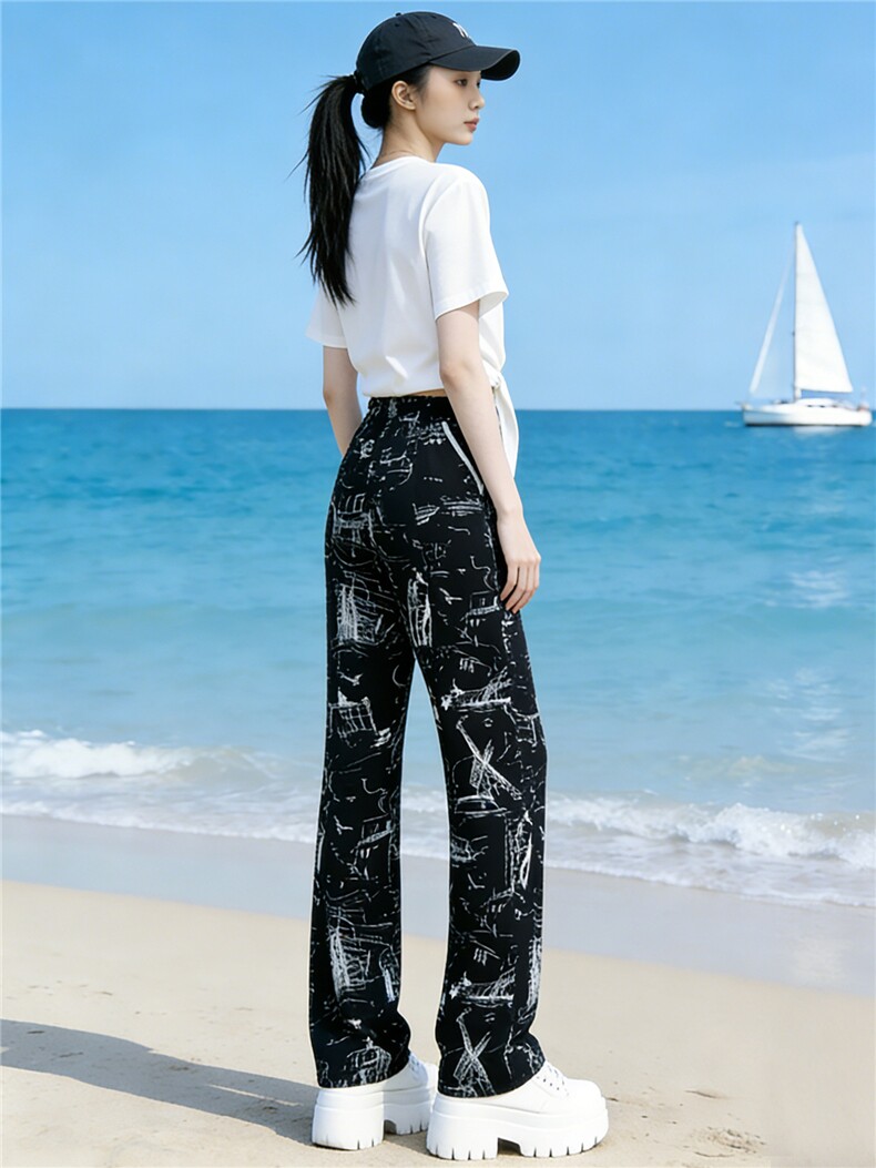 重工印花时尚休闲套装女夏季新款白色短袖上衣黑色阔腿长裤两件套,女装套装/套裙,江南