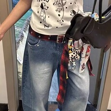 大码美式复古高街格子拼接解构水洗牛仔裤女夏高腰宽松阔腿弯刀裤，男装牛仔裤，星座506A