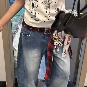 大码美式复古高街格子拼接解构水洗牛仔裤女夏高腰宽松阔腿弯刀裤图片