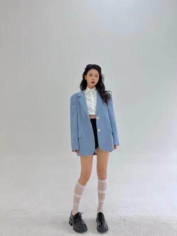 蓝紫色男友风oversize男友风西装，女装西装，HE