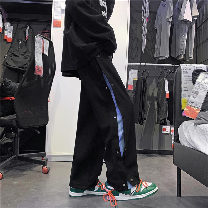 排扣裤子男运动宽松春季直筒束脚休闲裤篮球拼接阔腿裤G252P38图片