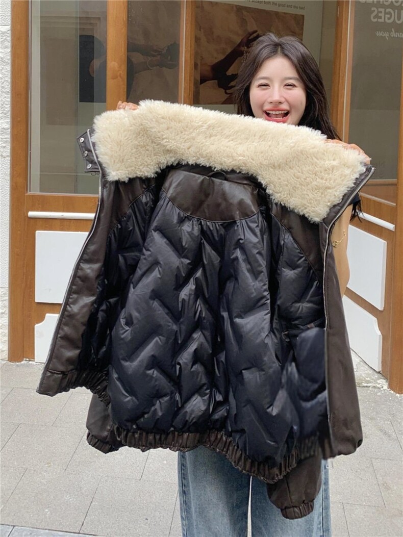 高级感气质羊羔毛领皮衣外套女2025冬季减龄韩系复古90白鸭绒外套,女装羽绒服,蝶眷