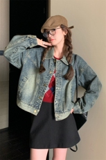 宽松慵懒风复古牛仔外套女2024春秋新款美式休闲显瘦工装夹克上衣，女装牛仔外套，纯色衣恋