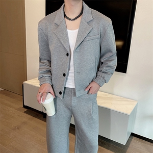 秋潮牌宽松发型师夜店纯色西服夹克两件套阔腿裤套装男TZ268-P205图片