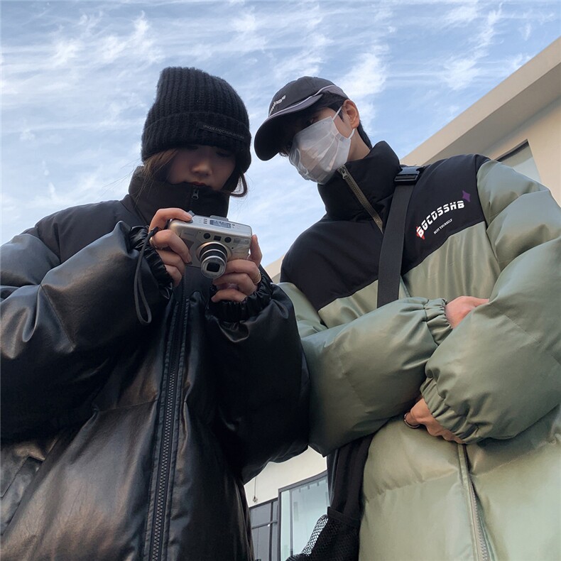 街景时尚字母印花宽松休闲情侣拼色PU皮棉服A247-MY406P115控168,男装棉衣,电商A247