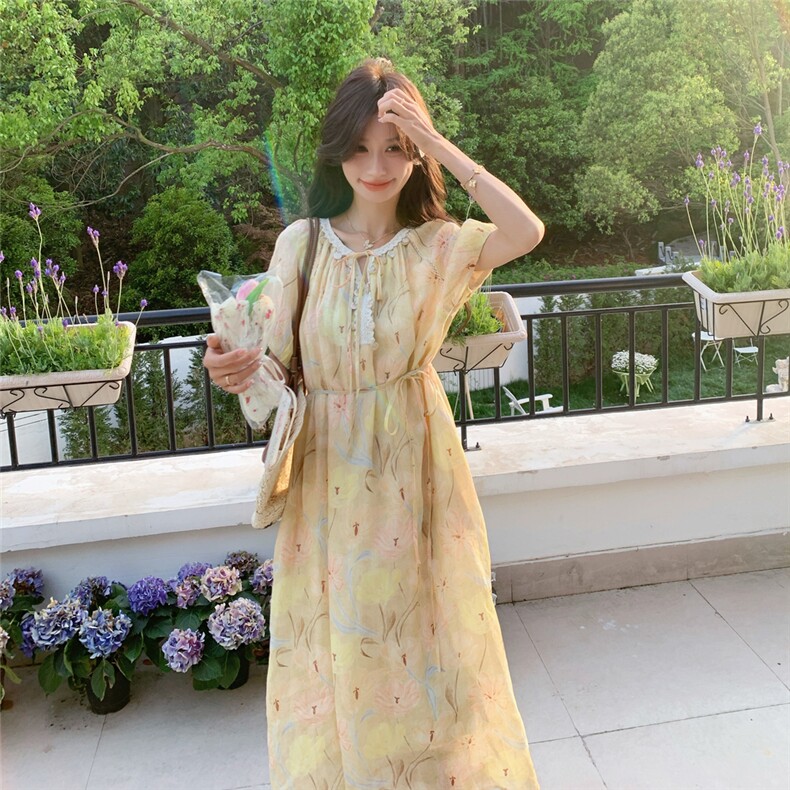 2025夏季新款韩系甜美减龄百搭显瘦碎花V领系带连衣裙长裙,女装连衣裙,2D076
