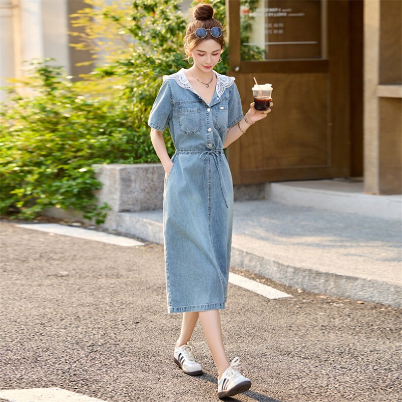法式复古蕾丝牛仔连衣裙女夏季2025新款宽松收腰显瘦减龄中长裙子,女装连衣裙,瑶迪依秀