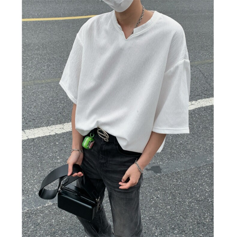 2026夏装V领短袖条纹T恤大码男纹理提花半袖 T8608/特P20 白色2图片